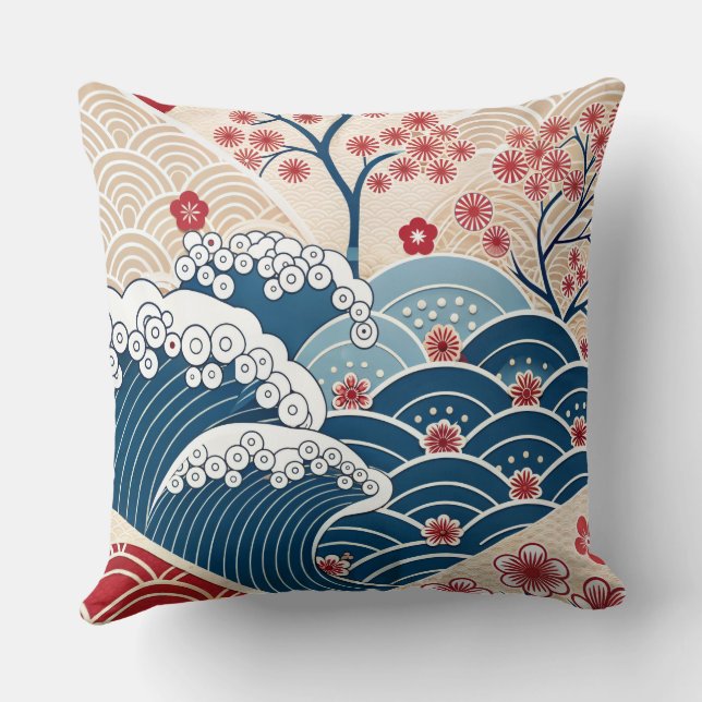 Traditioneel Rood Blauw Japans Golf Sakura Patroon Kussen (Achterkant)