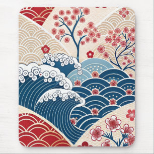Traditioneel Rood Blauw Japans Golf Sakura Patroon Muismat