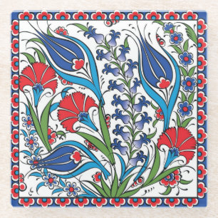 Traditioneel rood-blauwe bloemmotief Turkse Ottoma Glazen Onderzetter