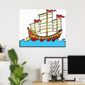 Traditioneel rood Chinees jonken schip op blauwe g Poster (Thuiskantoor)