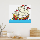 Traditioneel rood Chinees jonken schip op blauwe g Poster (Keuken)