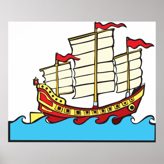 Traditioneel rood Chinees jonken schip op blauwe g Poster (Voorkant)
