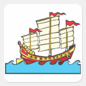 Traditioneel rood Chinees jonken schip op blauwe g Vierkante Sticker (Voorkant)