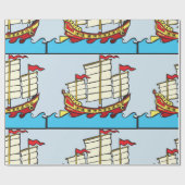 Traditioneel rood Chinees jonkschip op blauwe golv Cadeaupapier (Vlak)