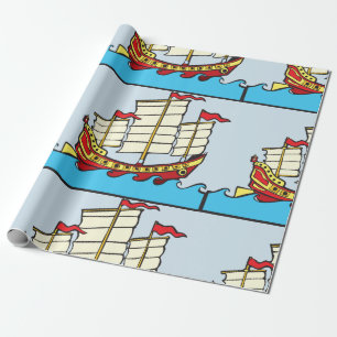 Traditioneel rood Chinees jonkschip op blauwe golv Cadeaupapier