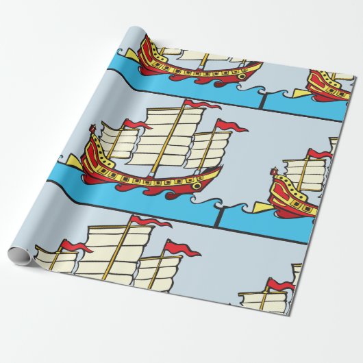 Traditioneel rood Chinees jonkschip op blauwe golv Cadeaupapier (Uitgerold)
