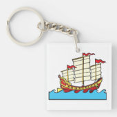 Traditioneel rood Chinees jonkschip op blauwe golv Sleutelhanger (Voorkant)