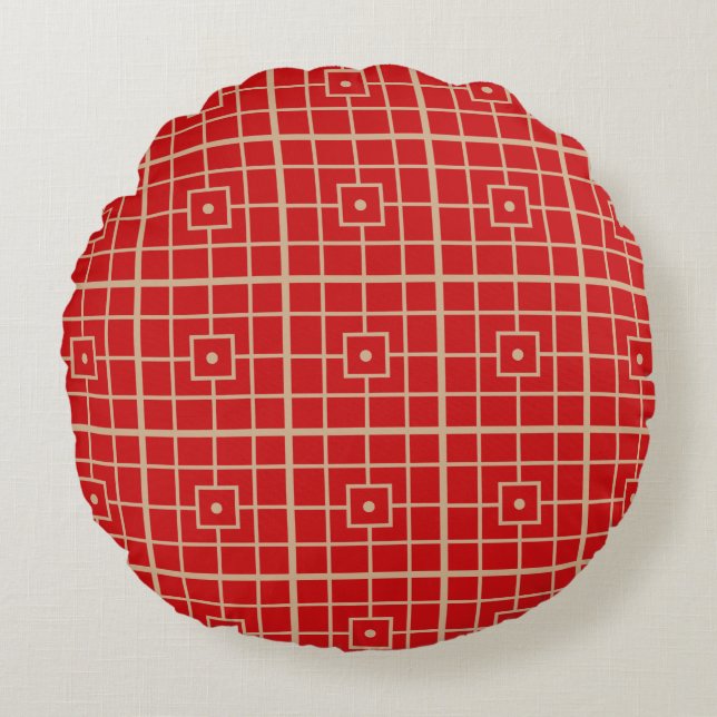 Traditioneel rood en goudChinees geometrisch patro Rond Kussen (Voorkant)