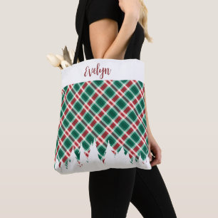 Traditioneel rood en groen geplakt w / naam kerst tote bag