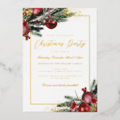 Traditioneel rood gebladerte Lijst kerstfeest Folie Uitnodiging (Voorkant)