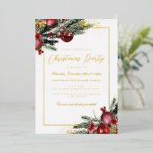 Traditioneel rood gebladerte Lijst kerstfeest Folie Uitnodiging (Staand Voorkant)