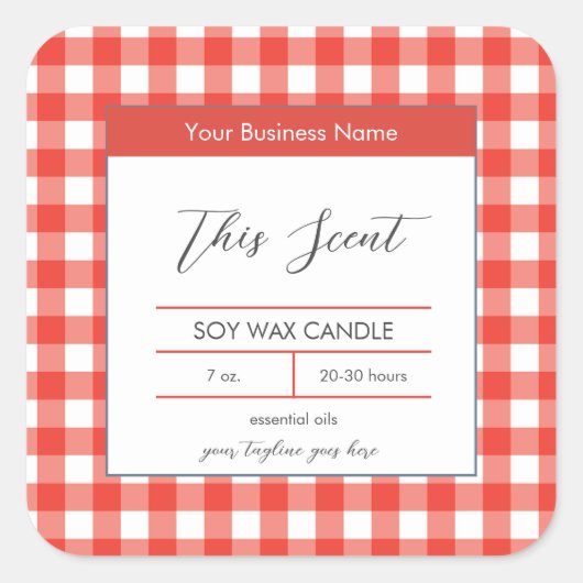Traditioneel rood geruit kaarslabel in landelijke  vierkante sticker (Voorkant)