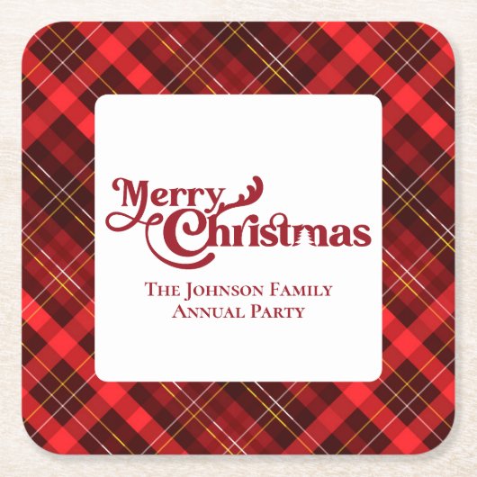 Traditioneel rood geruite vierkant kerstfeest kartonnen onderzetters (Voorkant)