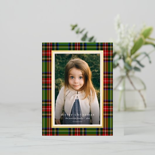 Traditioneel rood groen geplakt vrolijk kerstfeest folie feestdagen briefkaart (Staand Voorkant)