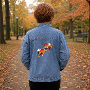 Traditioneel rood hart Moeder Vader banner tattoo Denim Jacket