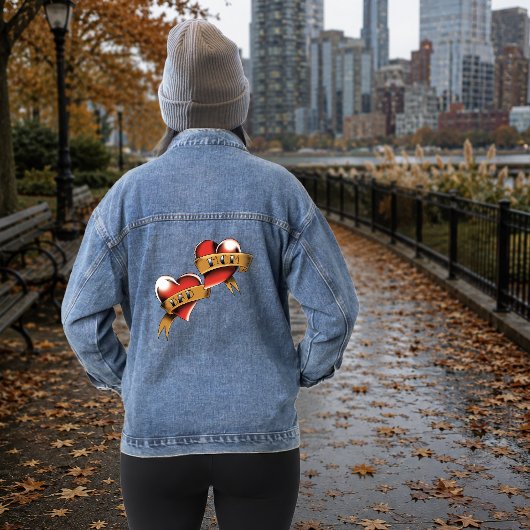 Traditioneel rood hart Moeder Vader banner tattoo Denim Jacket