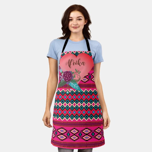Traditioneel roze een blauwgroen Zoeloevolkspatroo Schort (Gedragen)
