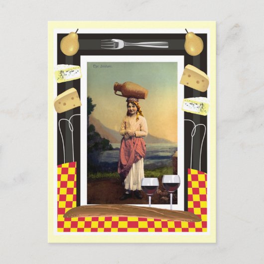  traditioneel Siciliaans meisje, wijn en kaas Briefkaart (Voorkant)