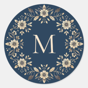 Traditioneel sierbloemen marineblauw monogram ronde sticker