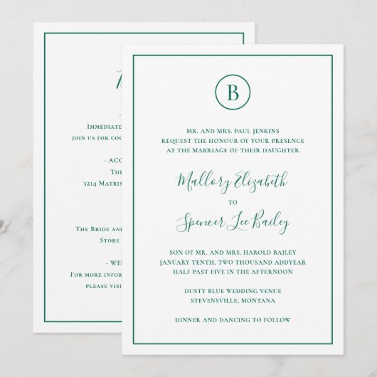 Traditioneel smaragdgroen alles in één bruiloft kaart (Voorkant / Achterkant)