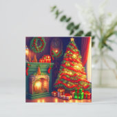 Traditioneel  stijl kerstboom, firepl feestdagenkaart (Staand voorkant)