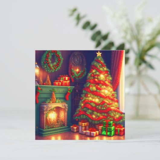 Traditioneel  stijl kerstboom, firepl feestdagenkaart (Staand voorkant)