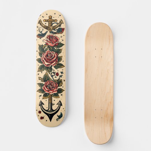 Traditioneel Tattoo ontwerp, anker, Rozen & zwaluw Persoonlijk Skateboard (Voorkant)