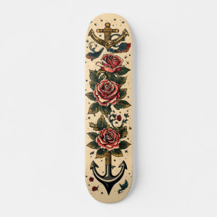 Traditioneel Tattoo ontwerp, anker, Rozen & zwaluw Persoonlijk Skateboard