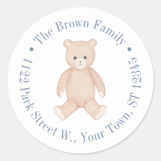 Traditioneel Teddybeer Babyshower Retouradres Ronde Sticker (Voorkant)