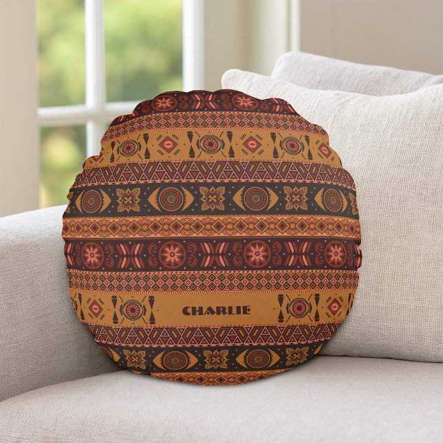 Traditioneel Terracotta Etnisch Stam Boho Patroon Rond Kussen (Creator heeft geüpload)