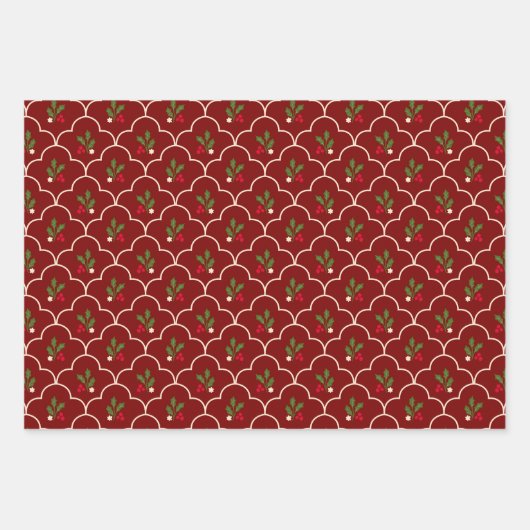 Traditioneel trio Scallop en Holly Christmas Inpakpapier Vel (Voorkant)