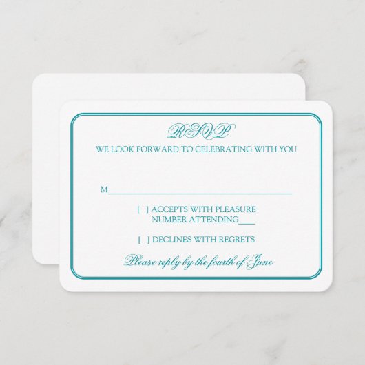 Traditioneel turquoise en witte trouw-RSvp antwoor RSVP Kaartje (Voorkant / Achterkant)