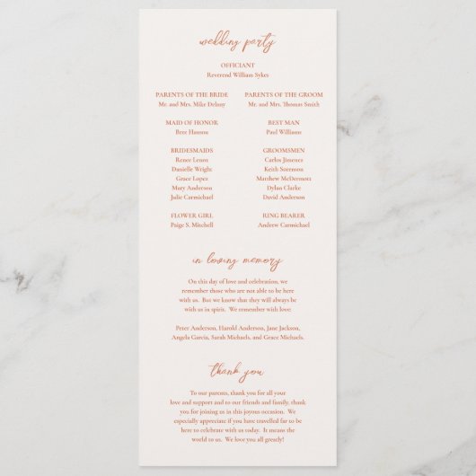 Traditioneel verbrande Sinaasappel Elegante bruilo Programmakaart (Achterkant)