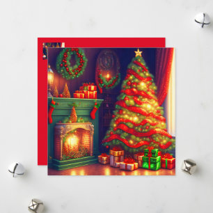 Traditioneel Vintage kerstboom, haard Feestdagenkaart