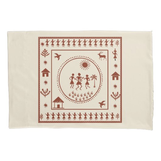 Traditioneel Warli Art Pillow Hoesje Kussensloop (Voorkant)