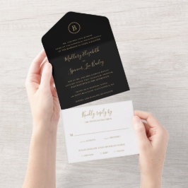 Traditioneel zwart en goud elegant huwelijk all in one uitnodiging