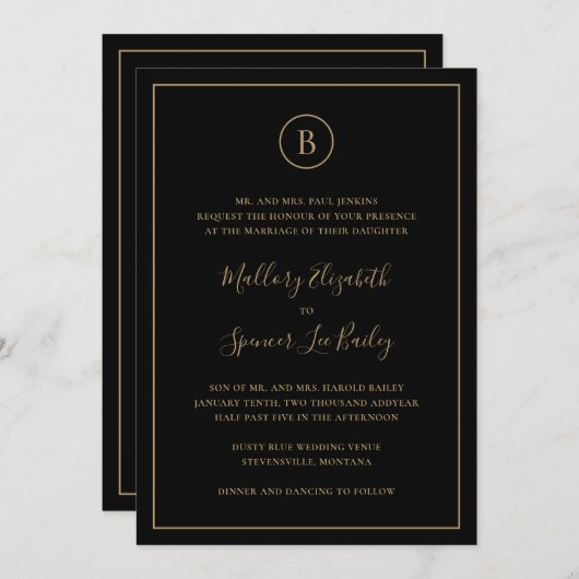 Traditioneel zwart en goud in één bruiloft kaart (Voorkant / Achterkant)