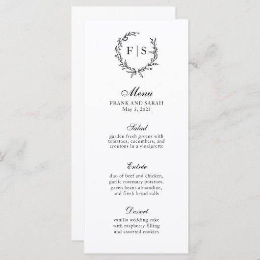 Traditioneel zwart en wit monogram krans menu (Voorkant / Achterkant)