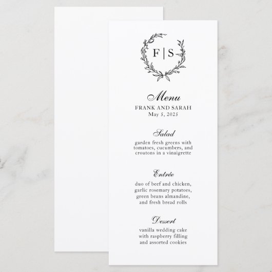 Traditioneel zwart-wit monogram bloemenkrans menu (Voorkant / Achterkant)