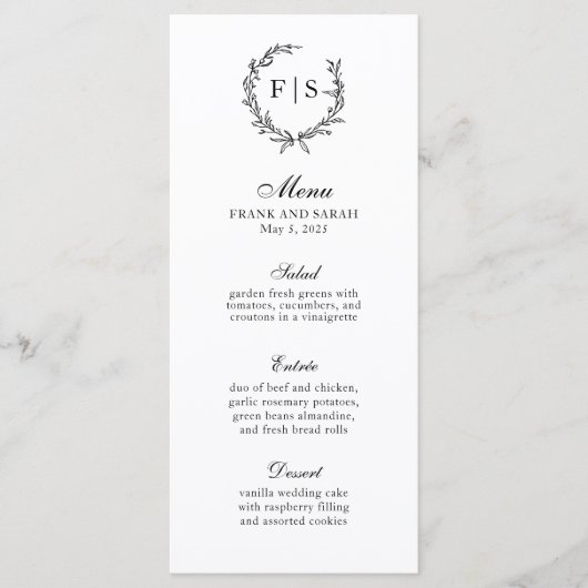 Traditioneel zwart-wit monogram krans menu (Voorkant)