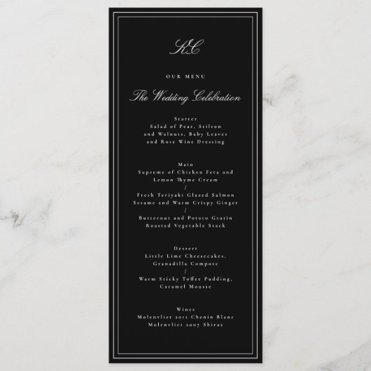 Traditioneel zwart-wit monogram trouwfeest menu (Voorkant)