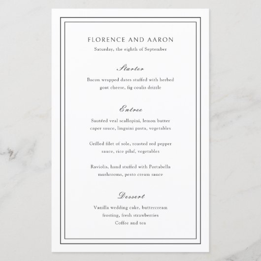 Traditioneel zwart-wit tijdloos huwelijksmenu (Voorkant)