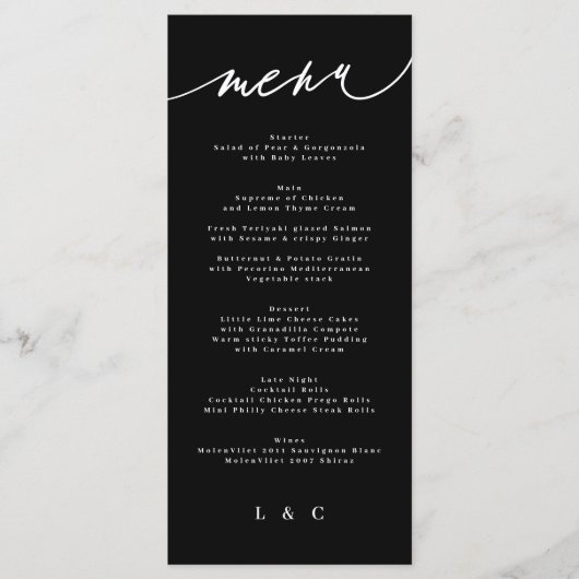Traditioneel zwart zwart monogram menu (Voorkant)