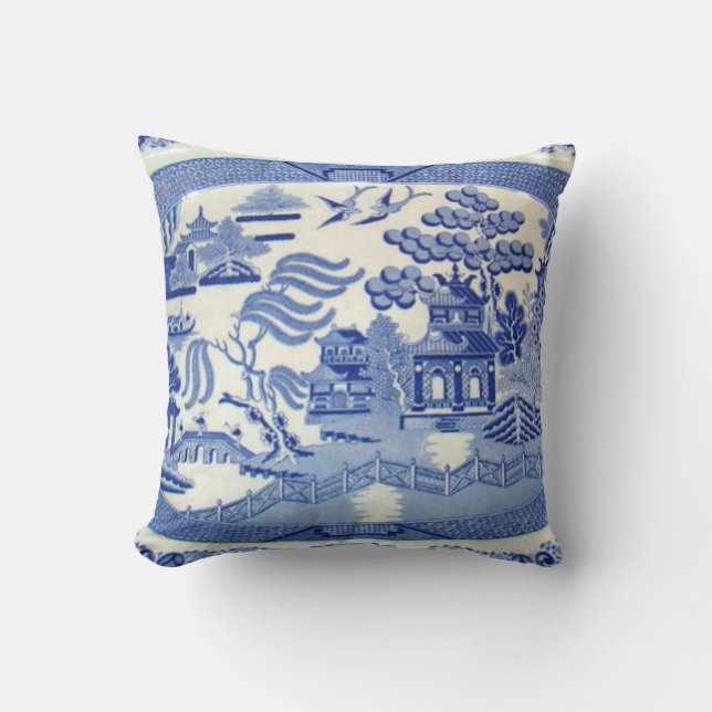 Traditionele 19e eeuw Blauw Willow China Pillow Kussen (Voorkant)