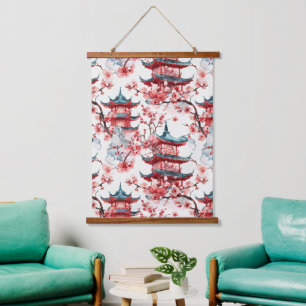 Traditionele Aziatische Architectuur met Botanical Hangend Wandkleed