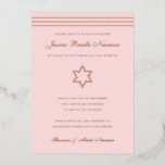 Traditionele band Bat Mitzvah Star van David Roos Folie Uitnodiging<br><div class="desc">De echte gouden folie is hier; kies uit de goudfolie, het goud van het roos, of de zilveren folie. De achtergrondkleur is aanpasbaar. Indien gewenst voeg ook een foto aan de achterkant toe. Als u tekst uit de laag van de folie zou willen verwijderen, ga de redacteur in en snijd...</div>