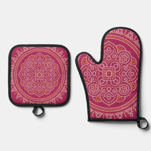 Traditionele Bandhani Mandala Ovenwant & Pannenlap Set (Voorkant)