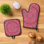 Traditionele Bandhani Mandala Ovenwant & Pannenlap Set (Top down)