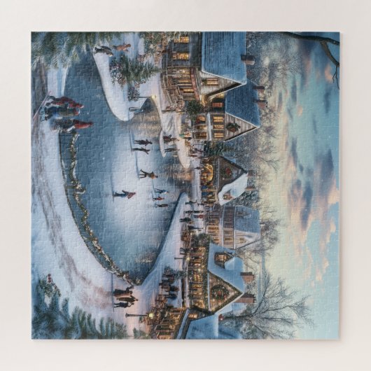 Traditionele besneeuwde kerstdorpscène legpuzzel (Horizontaal)