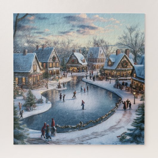 Traditionele besneeuwde kerstdorpscène legpuzzel (Verticaal)